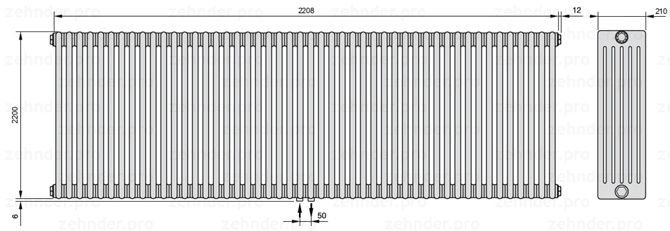 Схема (чертеж) Радиатор Zehnder Charleston 6220/48 №3470 Белый глянцевый RAL 9016